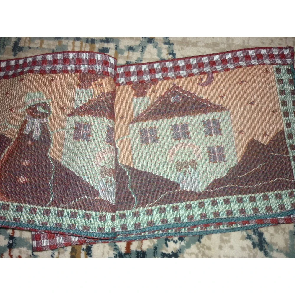 Christmas Snowman Tapestry Table Runner Winter Village Red Gingham 13x72 NEW